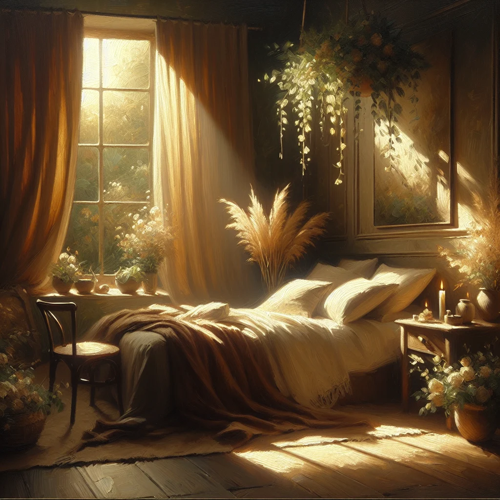 Serene bedroom with dim lighting, comfortable bedding, and calming decor designed for stress-free evening relaxation