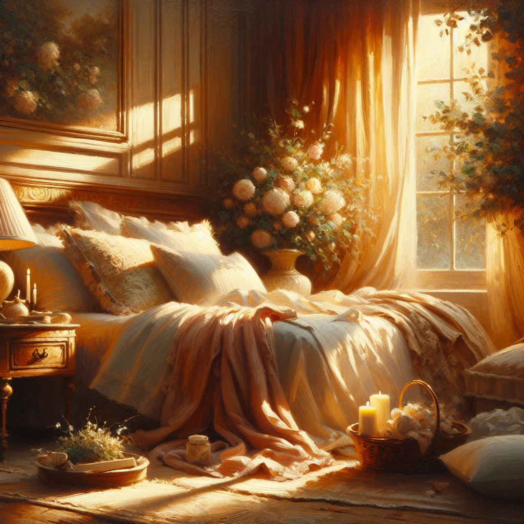 Serene bedroom environment with dim lighting and comfortable bedding prepared for yoga nidra practice to relieve insomnia