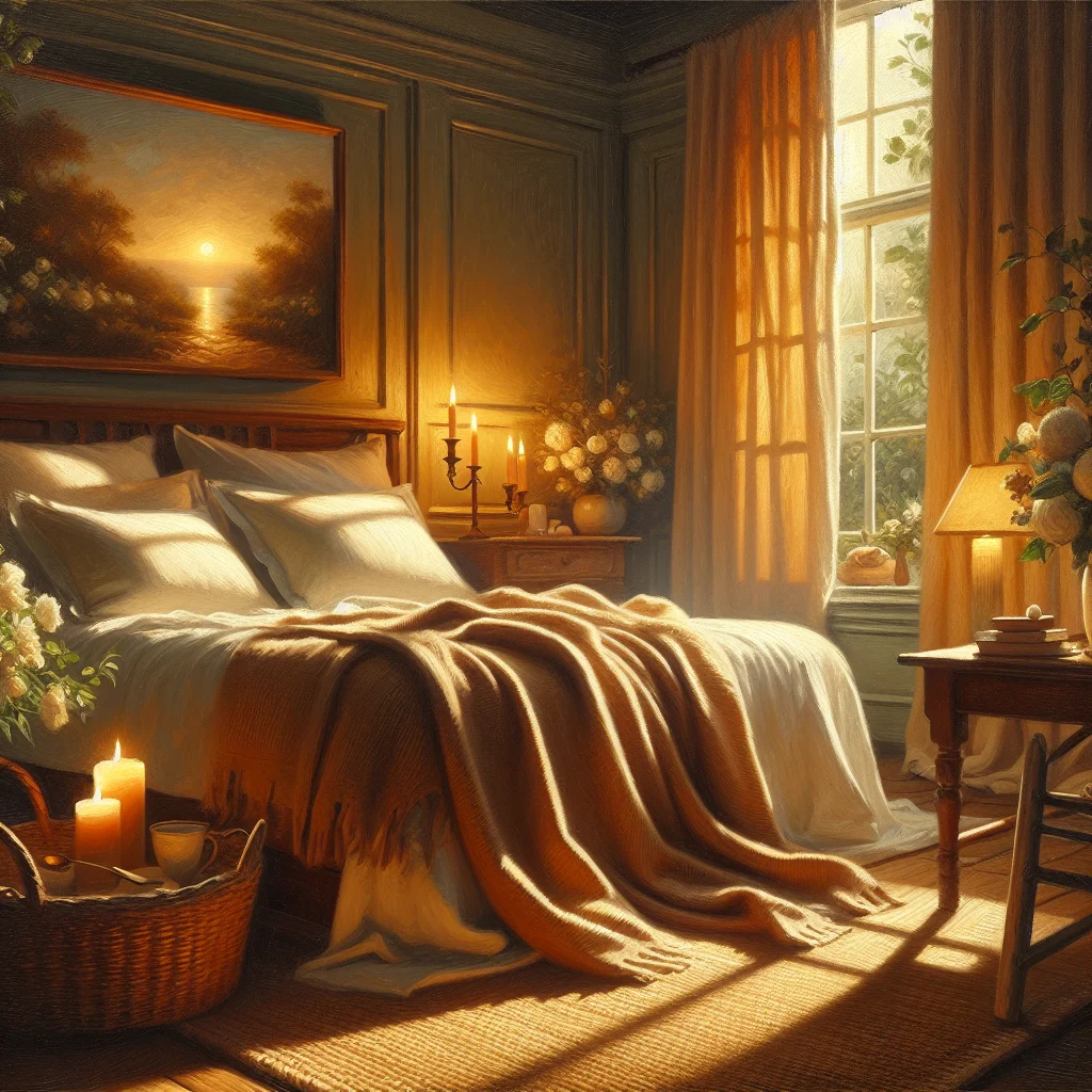 peaceful-bedroom-setup-menopause-sleep-meditation Calm bedroom environment optimized for body scan meditation practice during menopause with comfortable bedding and dim lighting