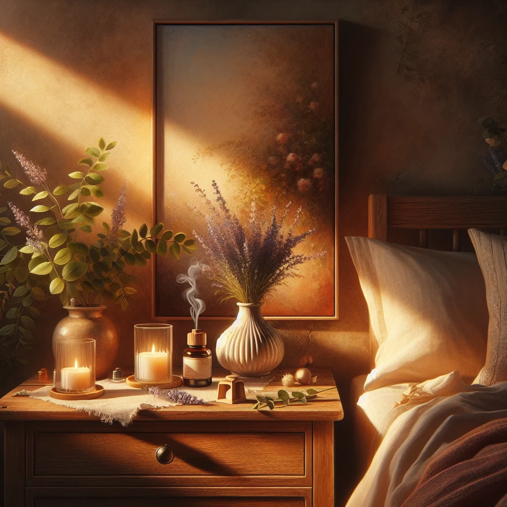 Serene bedroom setup with lavender aromatherapy diffuser and soft candlelight creating a relaxing pre-sleep environment