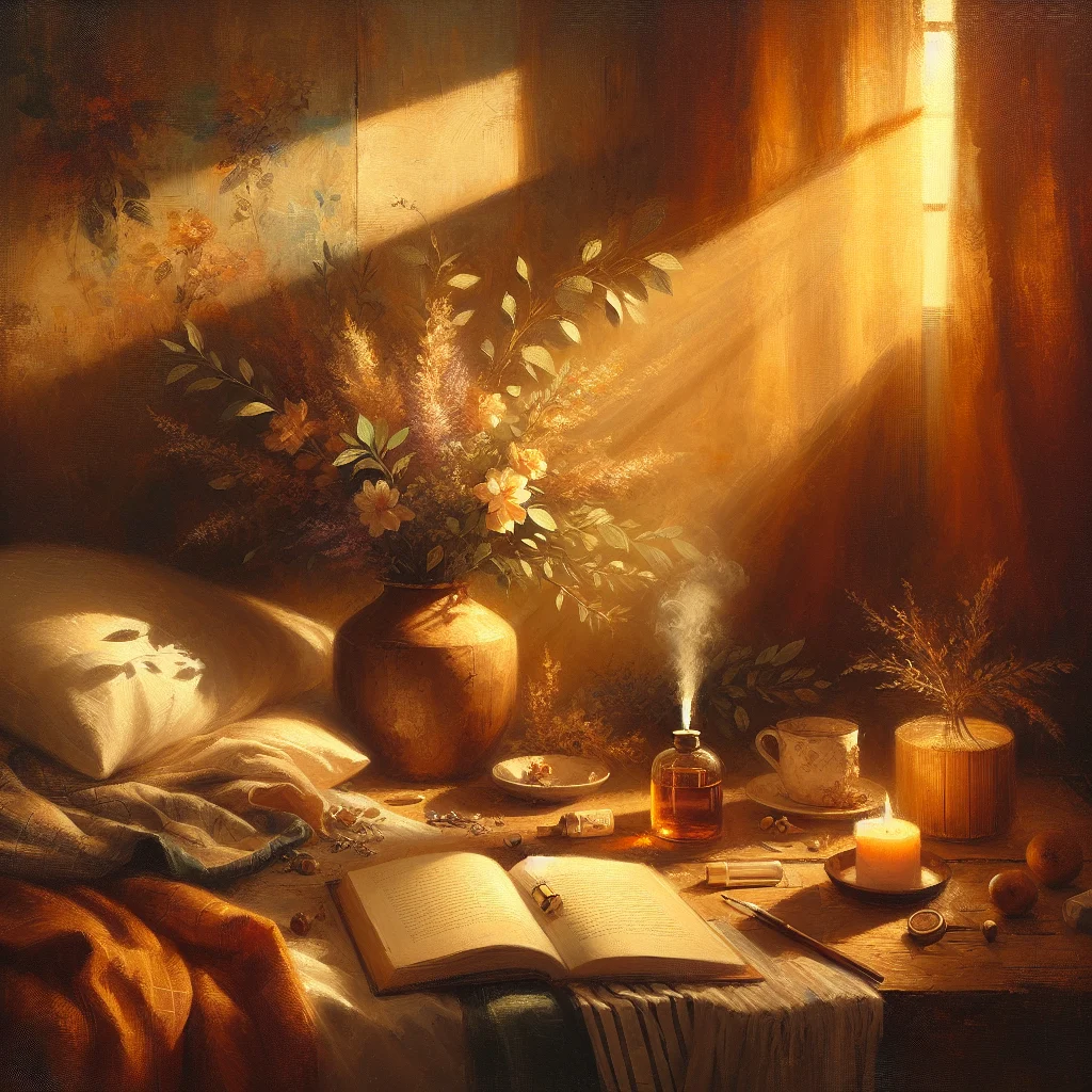 Serene evening routine setup with herbal tea and journal to improve sleep quality