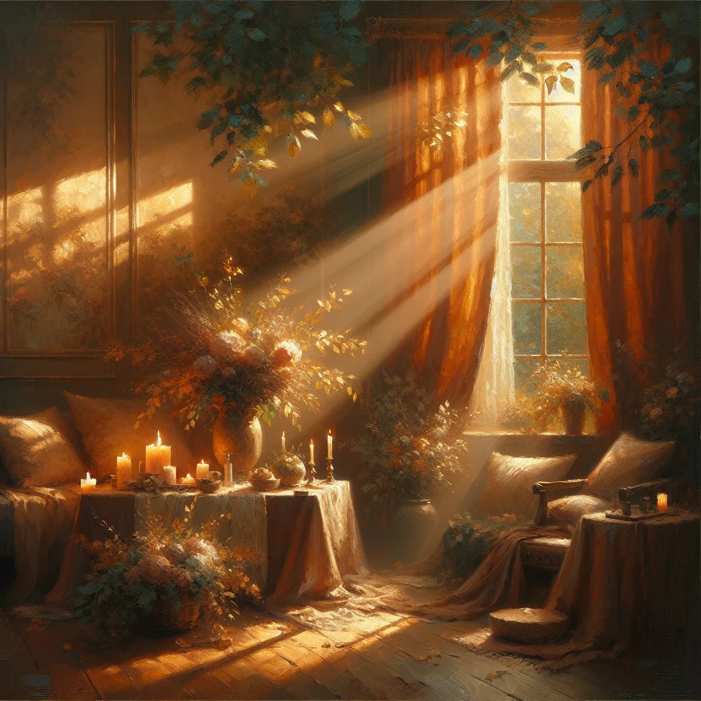 Cozy peaceful evening home setting with soft lighting and comfortable seating arrangement for relaxation