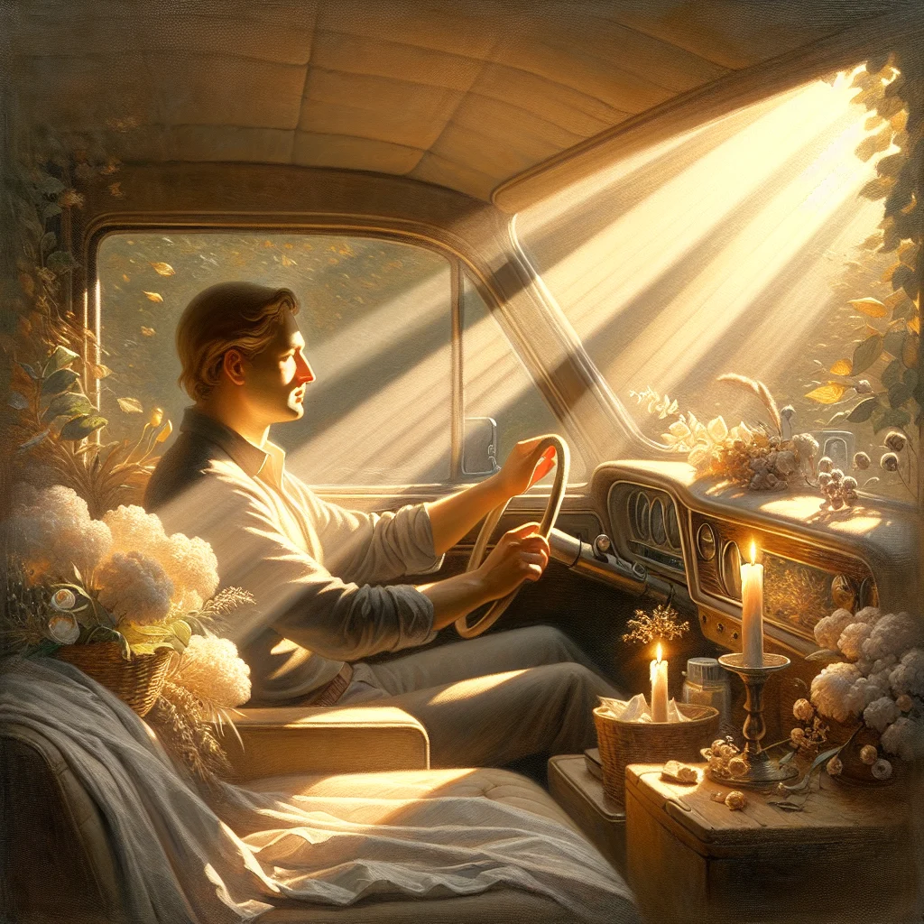 Relaxed driver enjoying a peaceful morning commute with proper stress management techniques in practice