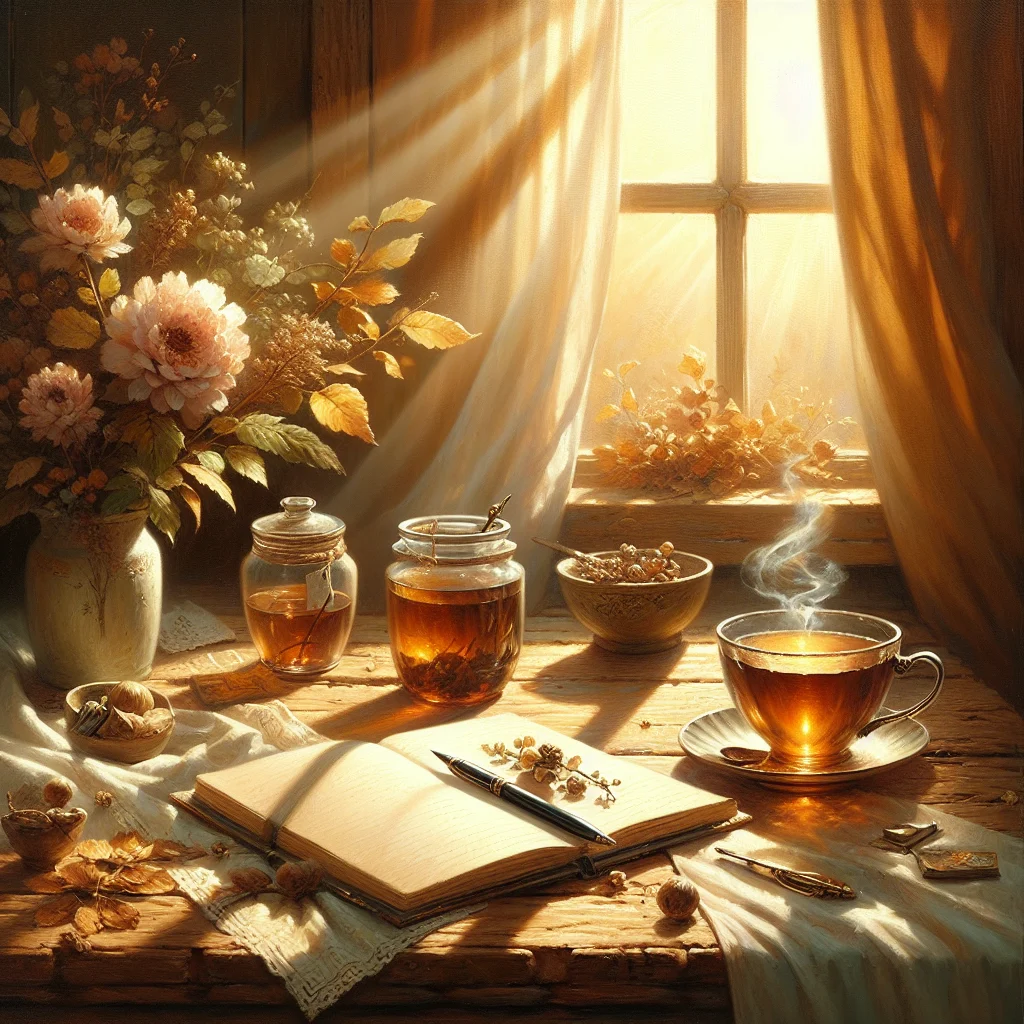 peaceful-morning-routine-without-phone Calm morning scene showing journal, tea, and sunlight without smartphone present