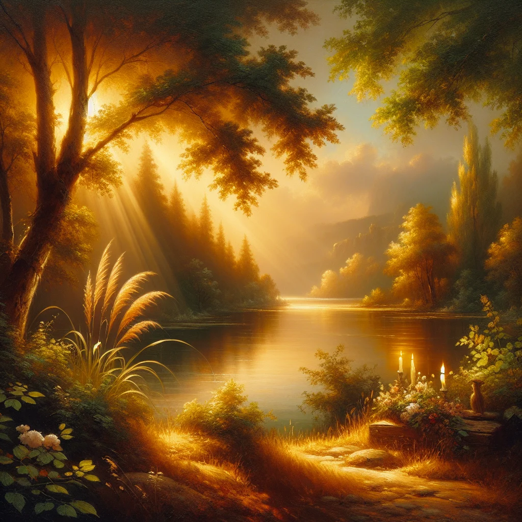 Tranquil natural landscape with trees and water representing stress-free environment and peace
