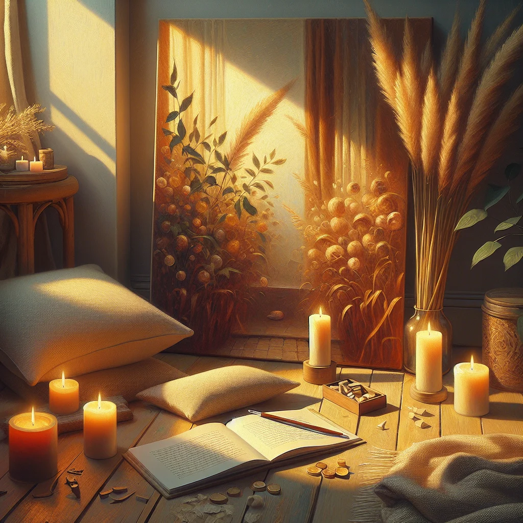 Peaceful bedroom corner with a meditation cushion, journal, and warm candlelight for nighttime gratitude practice