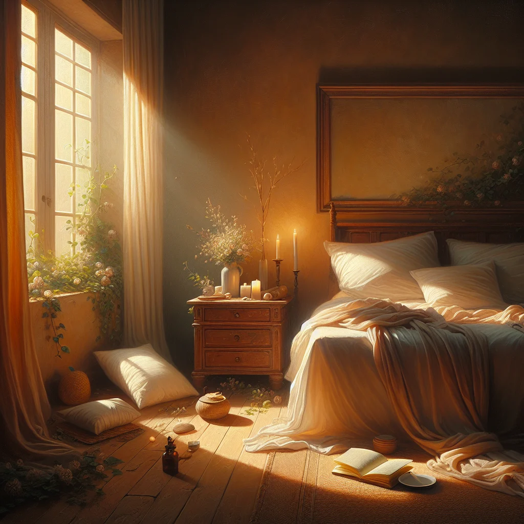 Serene bedroom setup with meditation elements for addressing broken sleep during menopause