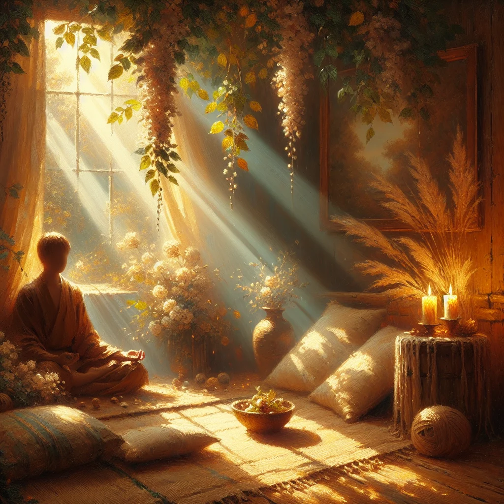 peaceful-sleep-meditation-practice Serene meditation setup with calming elements supporting deep sleep during hormonal transitions