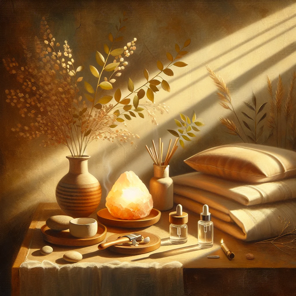 Peaceful bedroom setup for sleep onset meditation with calming elements for perimenopause relief