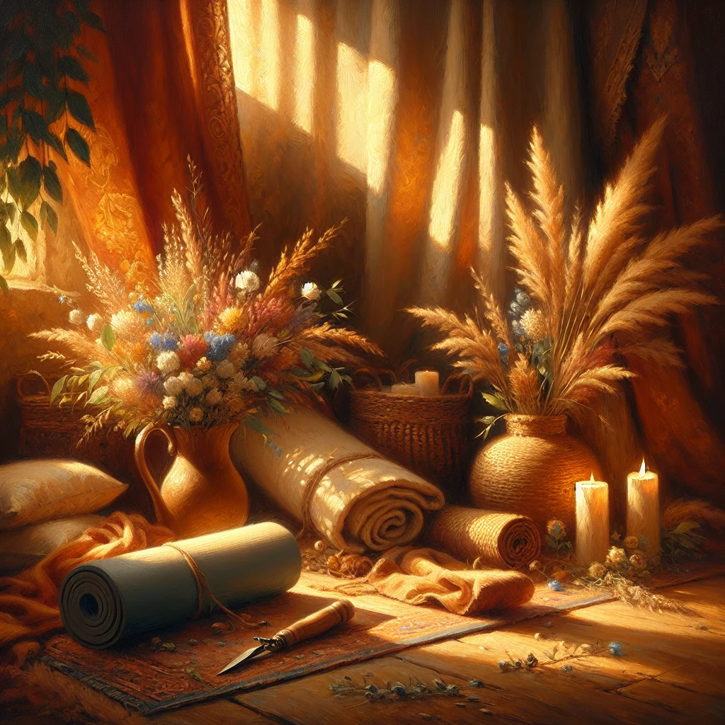 peaceful-yoga-relaxation-setup Serene yoga space with mat, cushions, and soft lighting for gentle evening yoga for relaxation