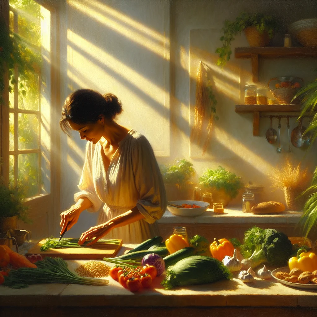 Woman preparing a balanced meal with colorful vegetables, whole grains, and healthy proteins on a kitchen counter