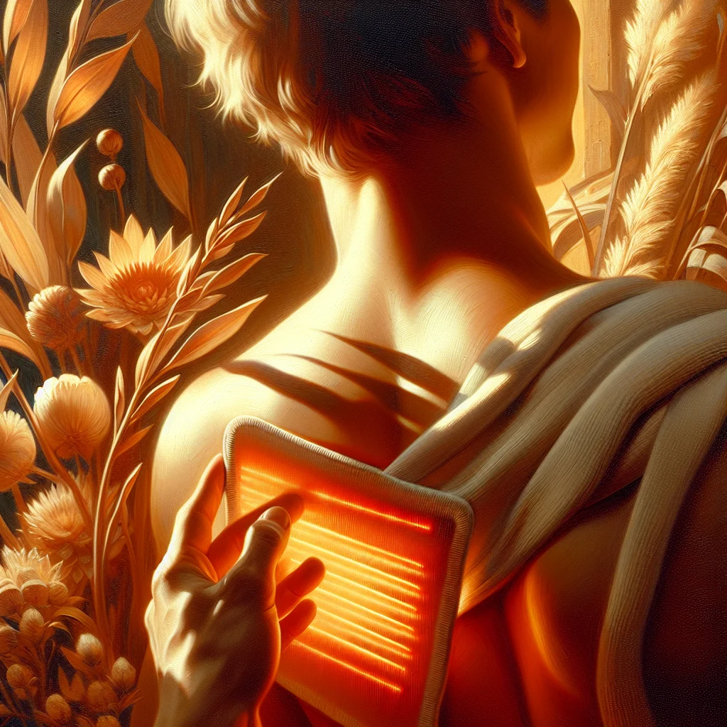 Person using a heating pad on tense shoulder muscles to relieve tension and promote relaxation