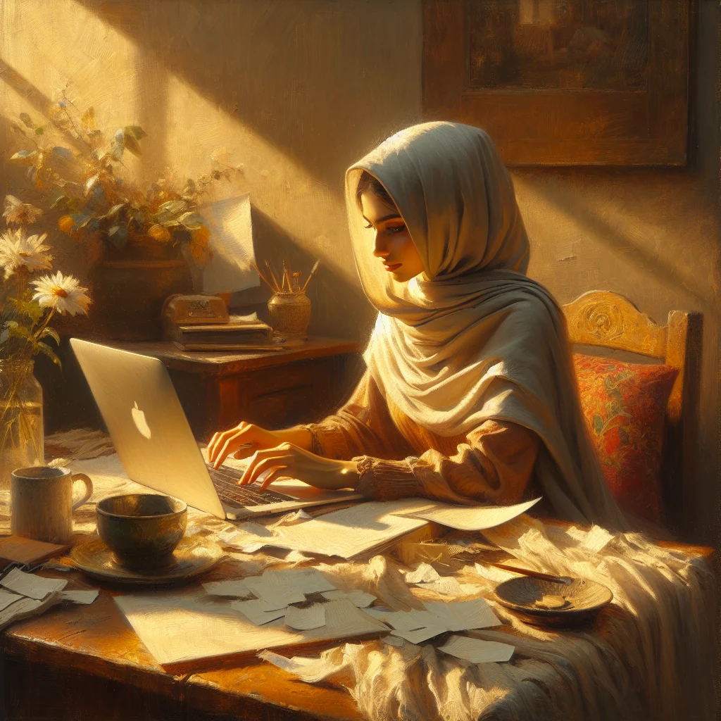 Person sitting at desk looking away from laptop surrounded by scattered papers and sticky notes representing chronic procrastination avoidance