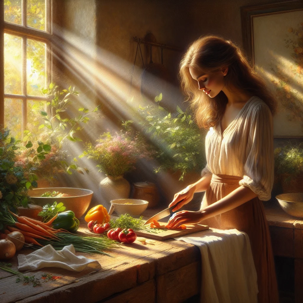 Person practicing stress relief while cooking by mindfully chopping fresh vegetables in a peaceful kitchen environment