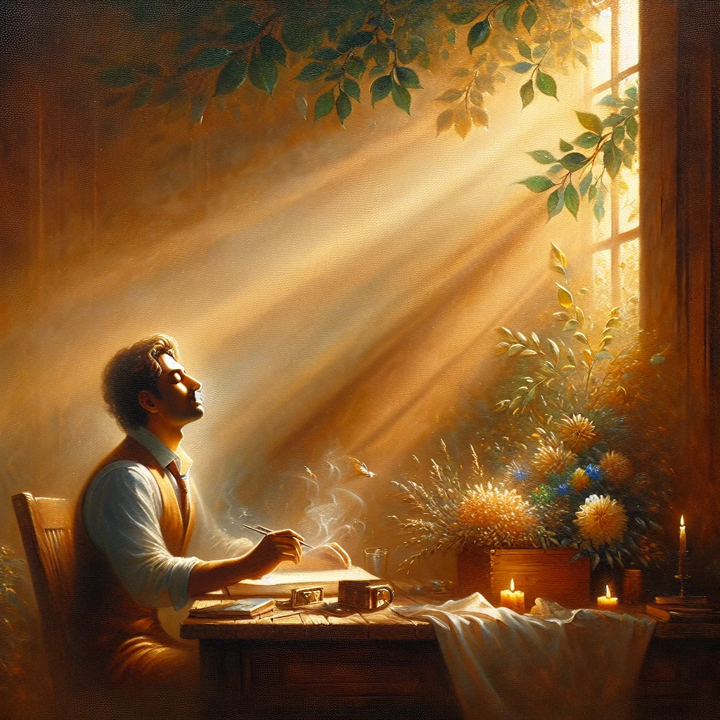 Person pausing work to close their eyes and take a deep calming breath during midday to quiet racing thoughts