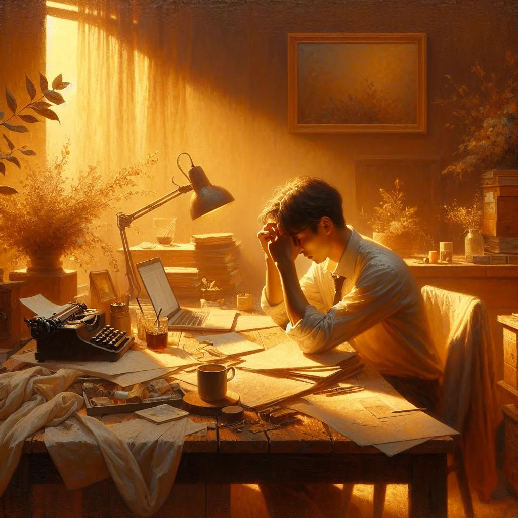 Person sitting at desk with hands on head showing signs of anxiety during the workday