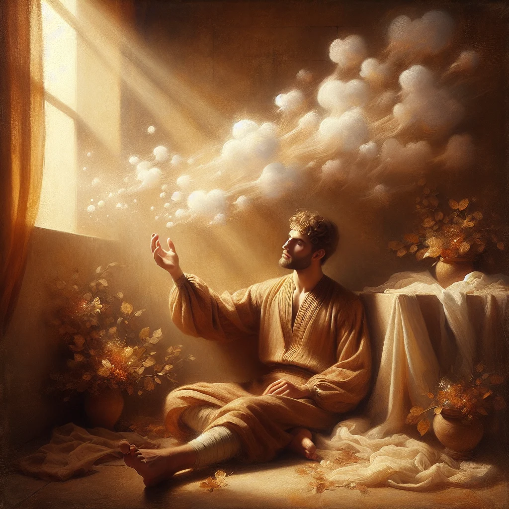 Person sitting calmly while observing intrusive thoughts passing by like clouds in the sky