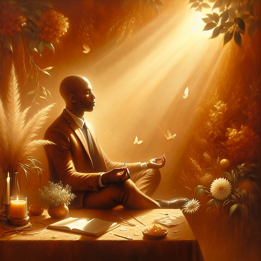 Professional person practicing deep breathing technique before an important business meeting