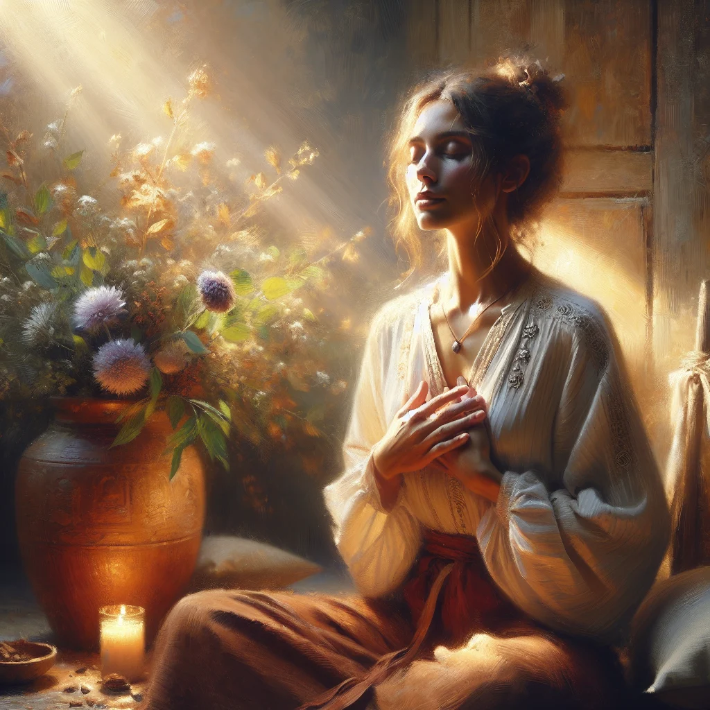 Person using deep breathing techniques as emergency stress relief method in calm environment