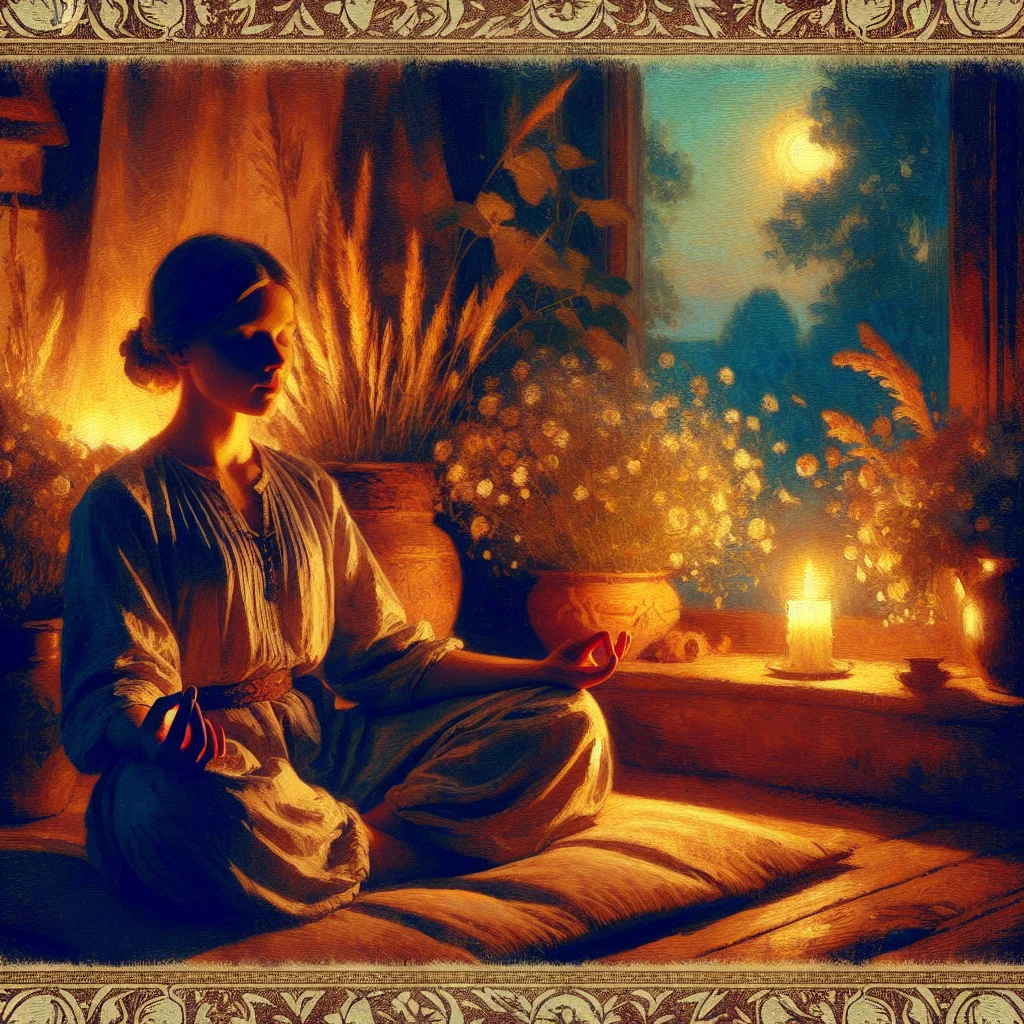 Person sitting in peaceful meditation during evening hours with soft lighting creating a calming atmosphere
