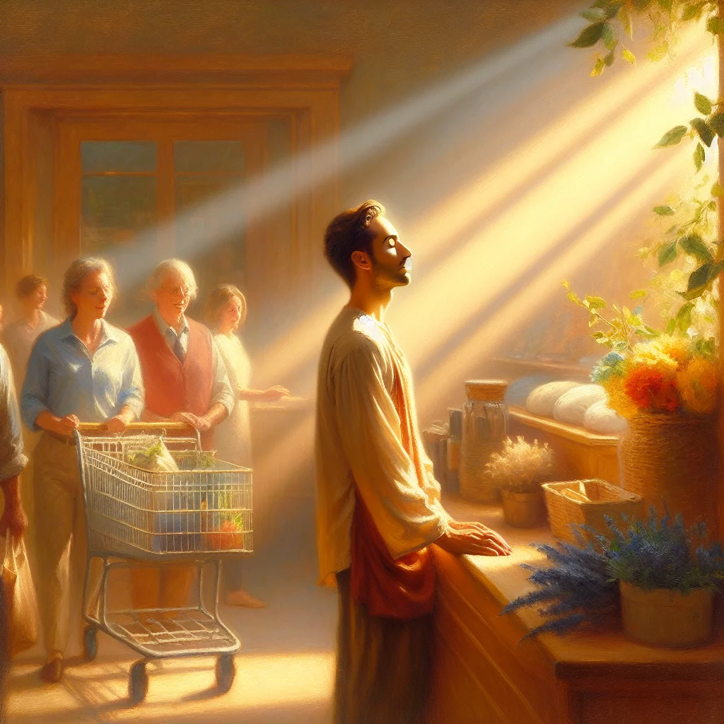 person-practicing-mindfulness-in-queue Person standing peacefully in a queue while practicing quick calm methods and mindful breathing