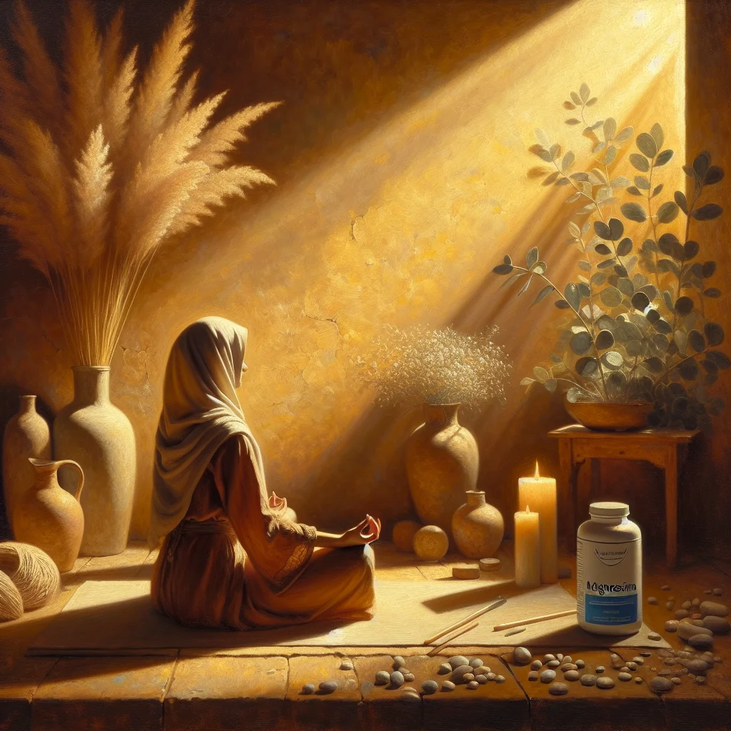 Peaceful woman practicing meditation in a calm setting with magnesium supplement bottle nearby