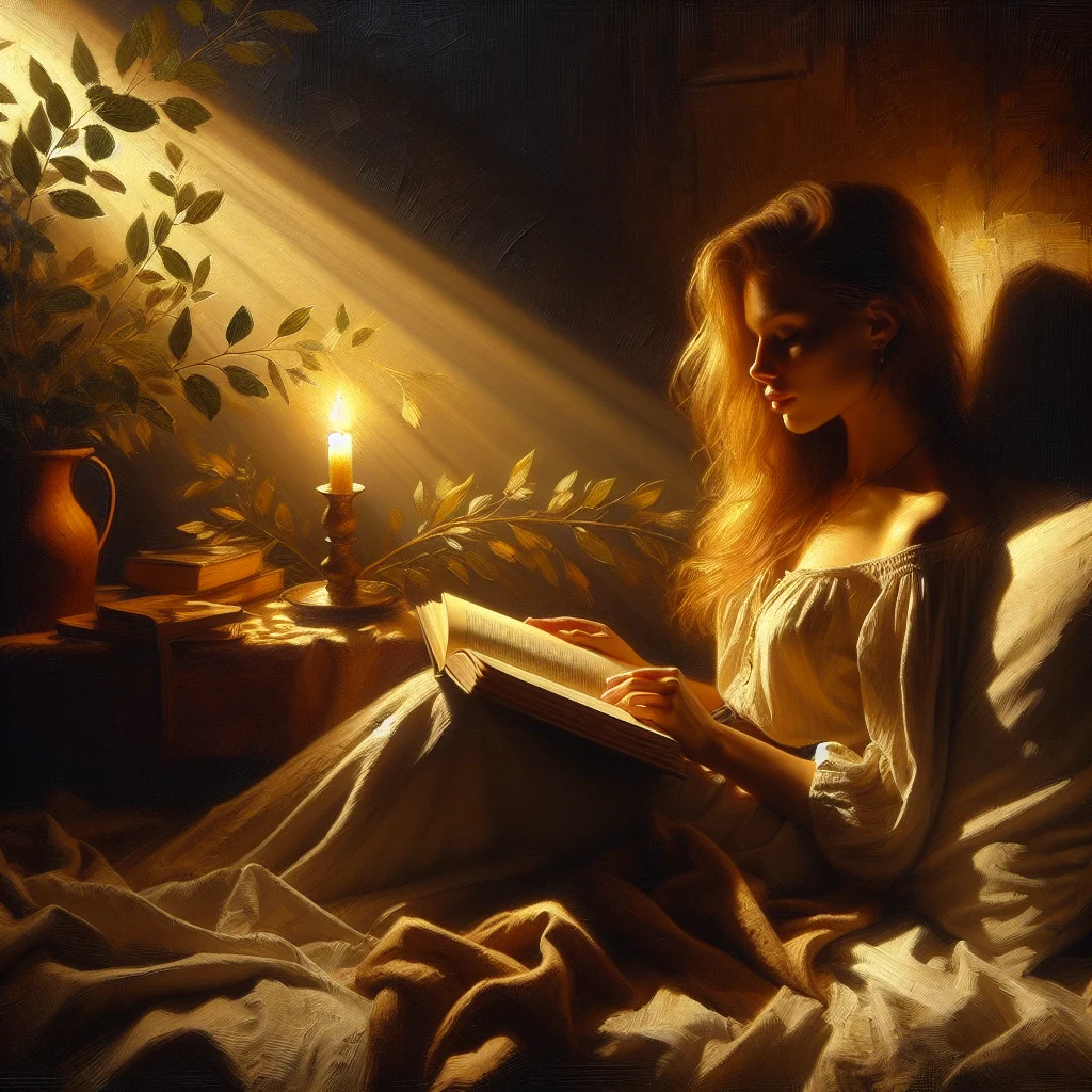Person peacefully reading a physical book in bed during evening hours with warm lamp lighting