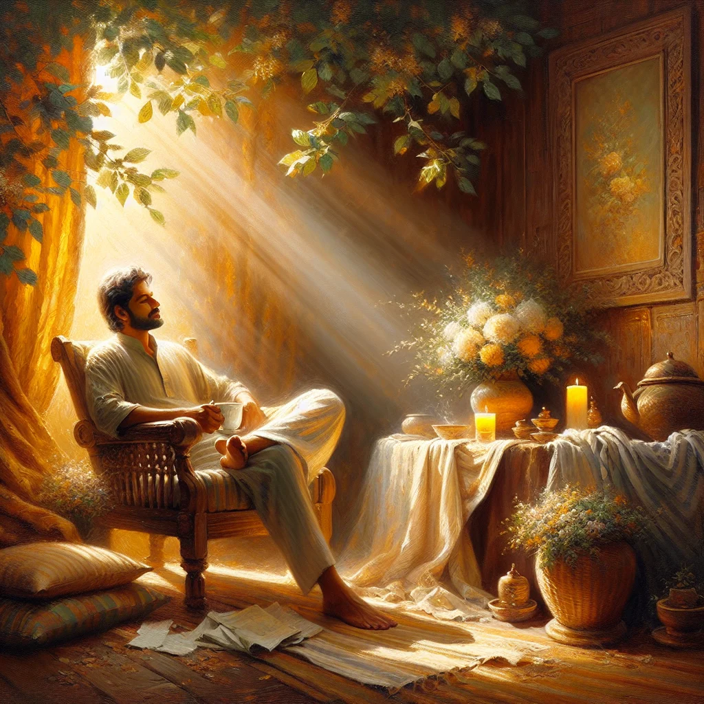 Person taking a peaceful break between activities, sitting calmly with a cup of tea while building time buffers in their schedule