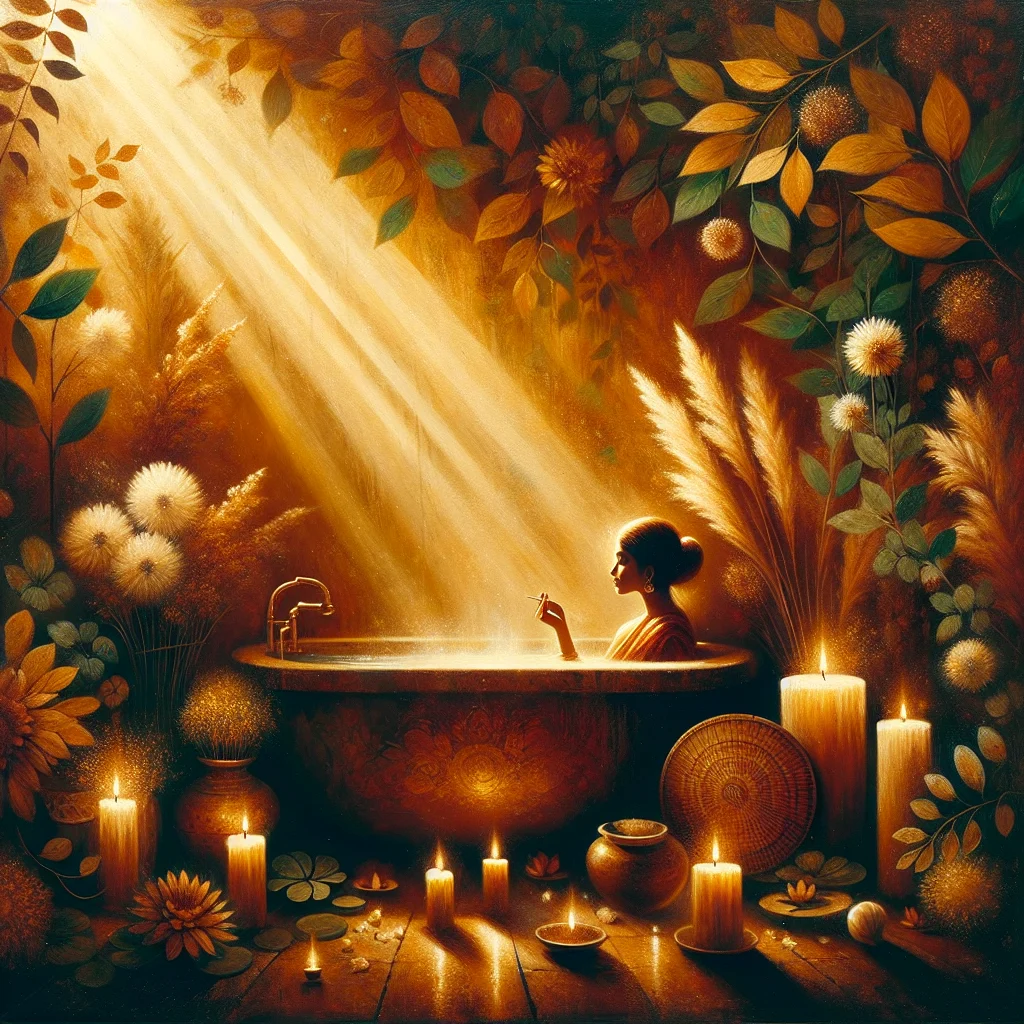 Person peacefully relaxing in a warm bath surrounded by soft candlelight to lower cortisol levels