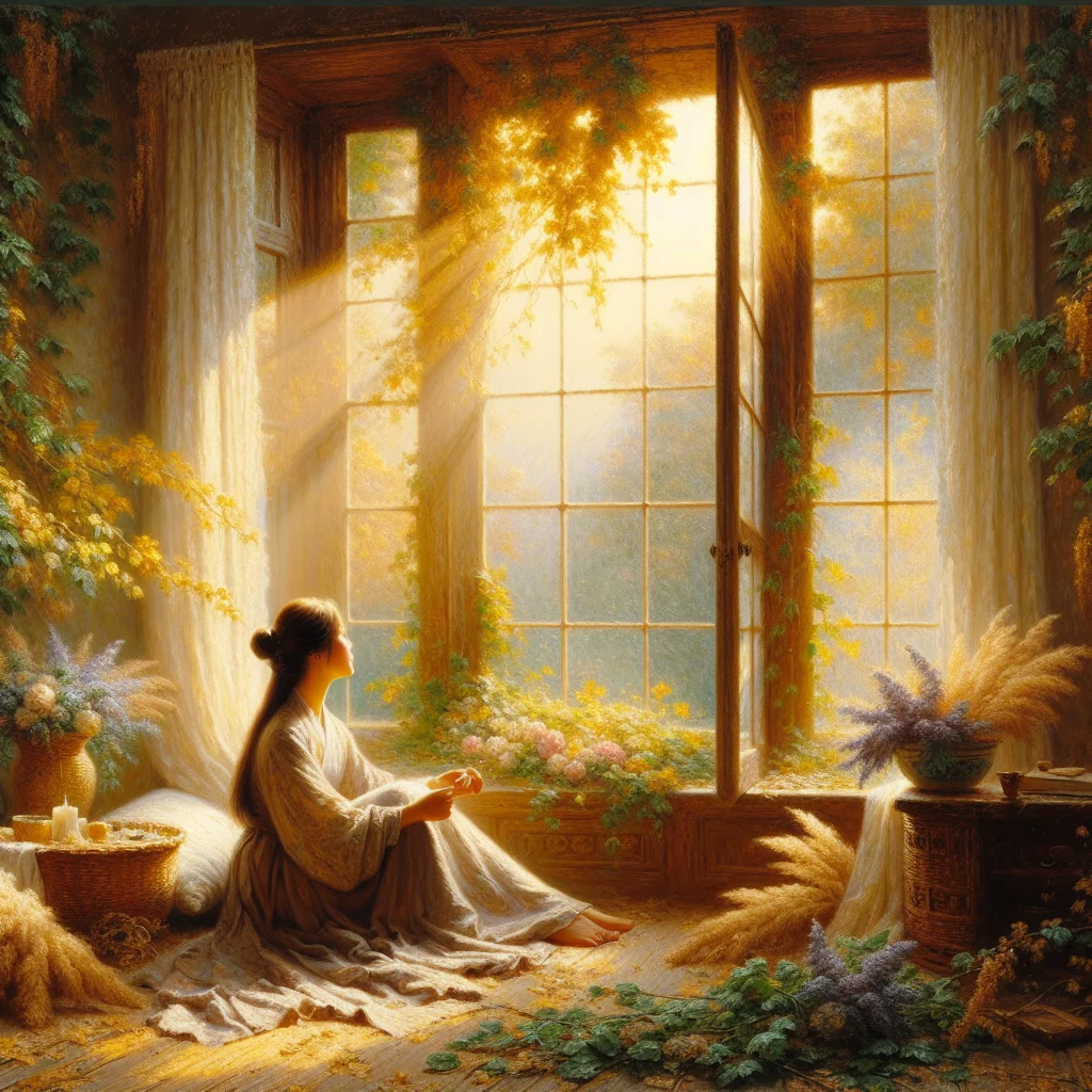 Person sitting peacefully by a window overlooking nature, demonstrating ways to cut down on rumination through mindful observation