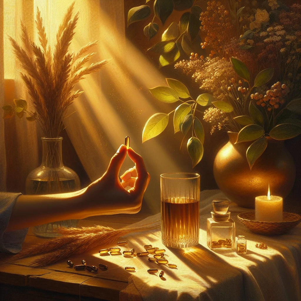 Person taking adaptogen supplement in the morning with water for cortisol balance and stress management