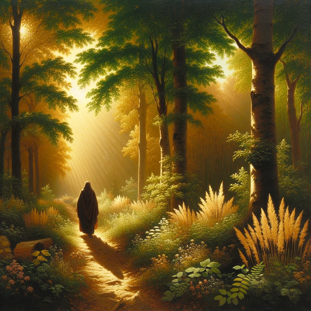 Person walking peacefully through a green forest path surrounded by tall trees