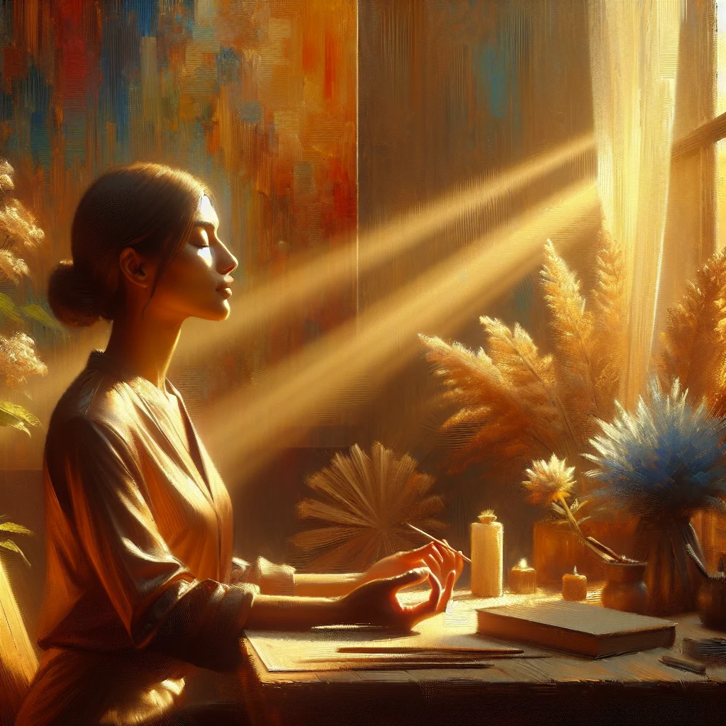 Professional woman practicing box breathing technique at her office desk with eyes closed and calm expression