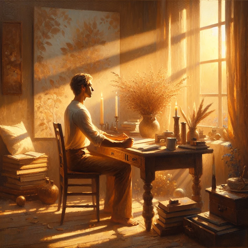 Remote worker sitting at home desk practicing calm breathing techniques with eyes closed