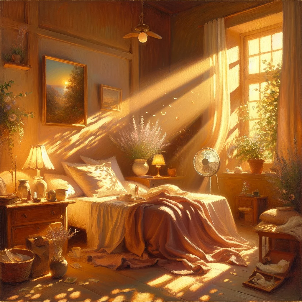 serene-bedroom-setup-meditation-menopause Calming bedroom environment designed for middle of the night meditation menopause practice with dim lighting and comfortable bedding