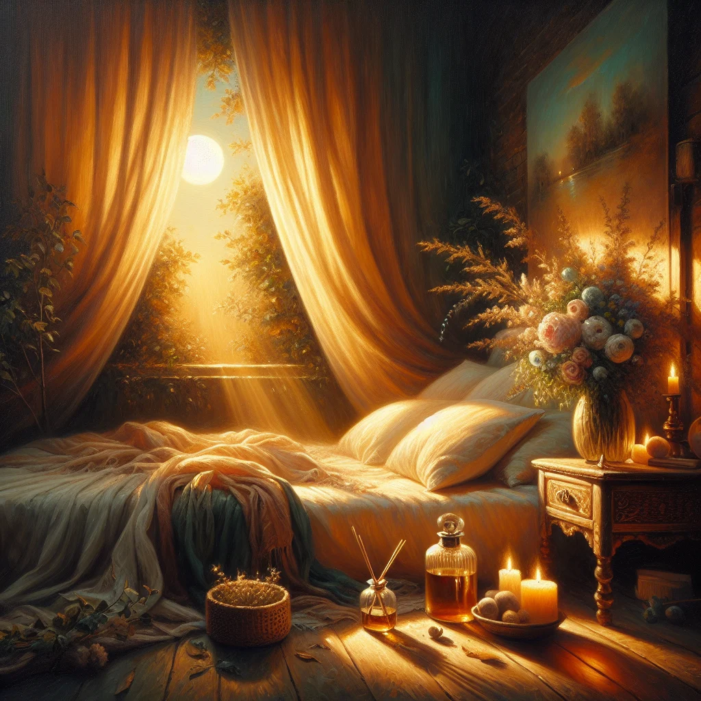 Peaceful bedroom setup for sleep meditation during perimenopause with soft lighting and comfortable bedding