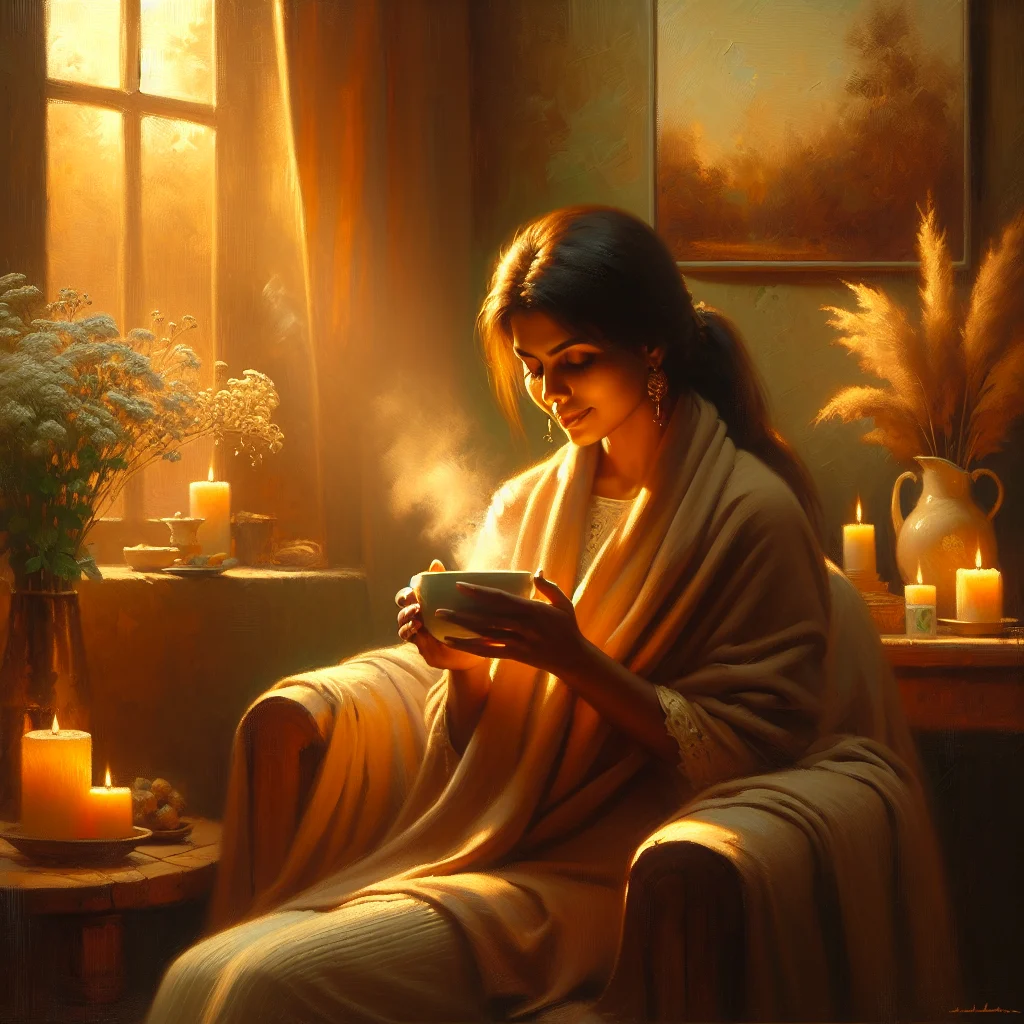 Woman over 35 finding natural calm through a mindful tea ritual in her peaceful living space