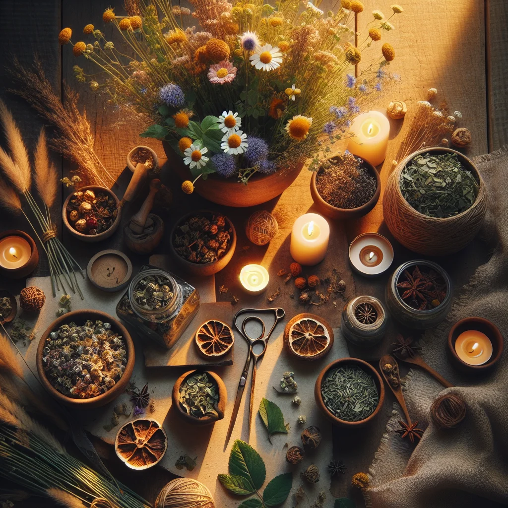 Assortment of dried herbal tea ingredients including chamomile flowers and lavender for bedtime wellness
