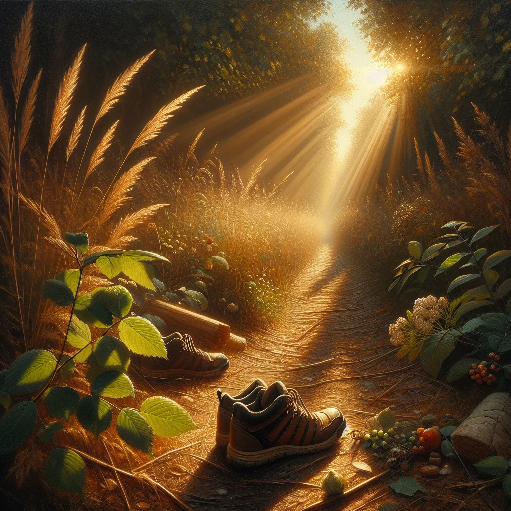 walking-shoes-trail-anxiety-management Walking shoes on a natural trail representing non-spiritual walking therapy for anxiety management
