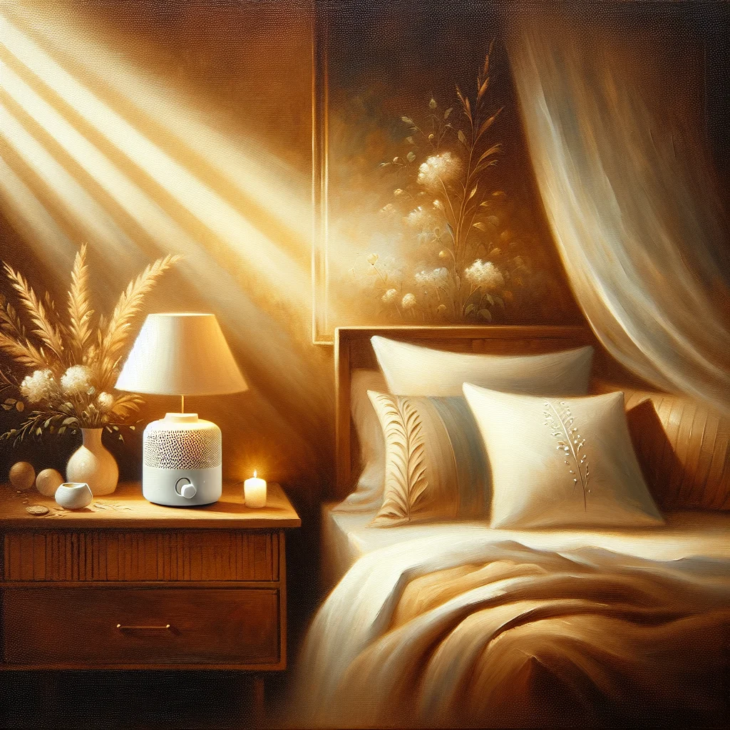 white-noise-machine-bedroom-nightstand White noise machine on bedroom nightstand creating consistent sound for better sleep quality