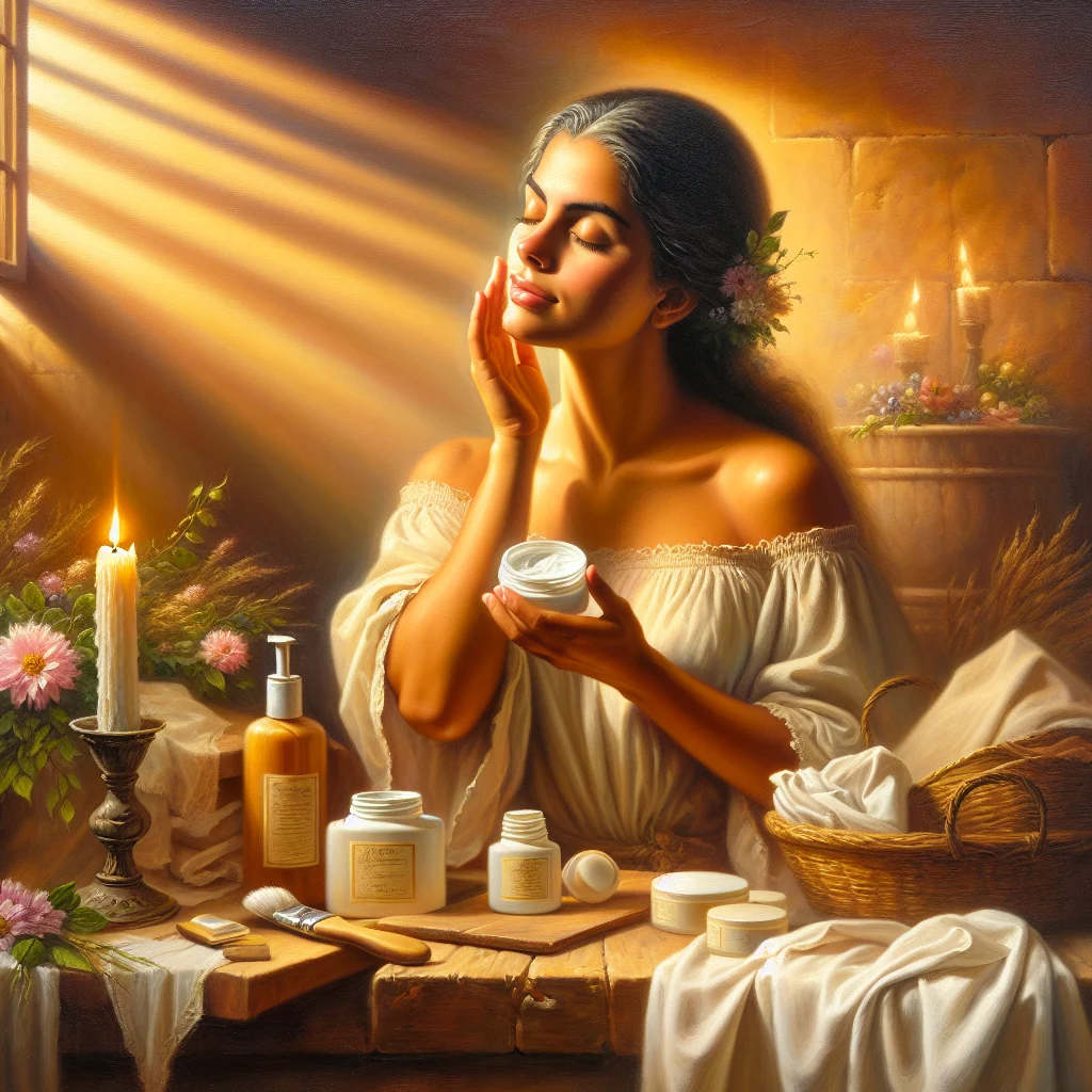 Woman gently applying evening skincare products in a calm, dimly lit bathroom setting for nervous system relaxation