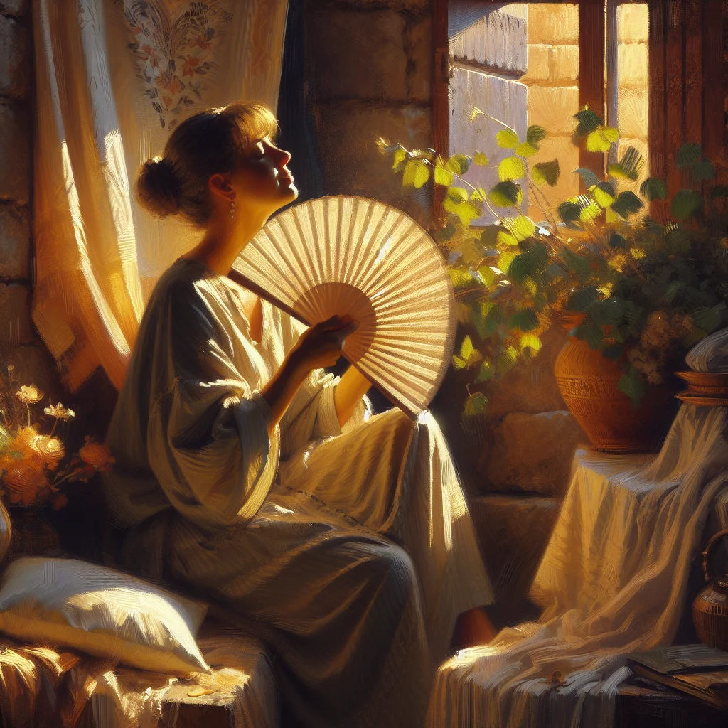 woman-cooling-herself-with-fan Woman experiencing relief from hot flashes using a handheld fan while sitting comfortably