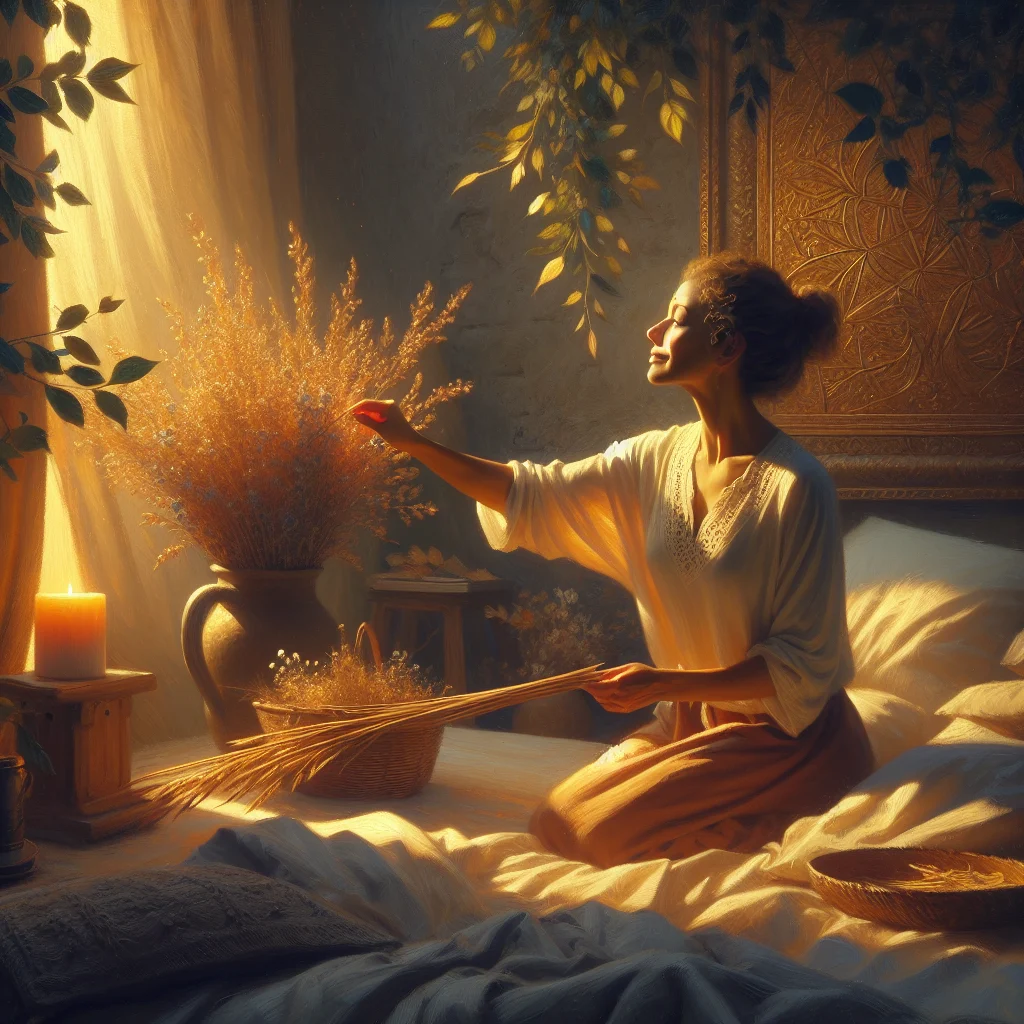 woman-creating-peaceful-evening-routine-perimenopause Woman in her 40s practicing calming evening habits during perimenopause, creating a peaceful bedtime environment