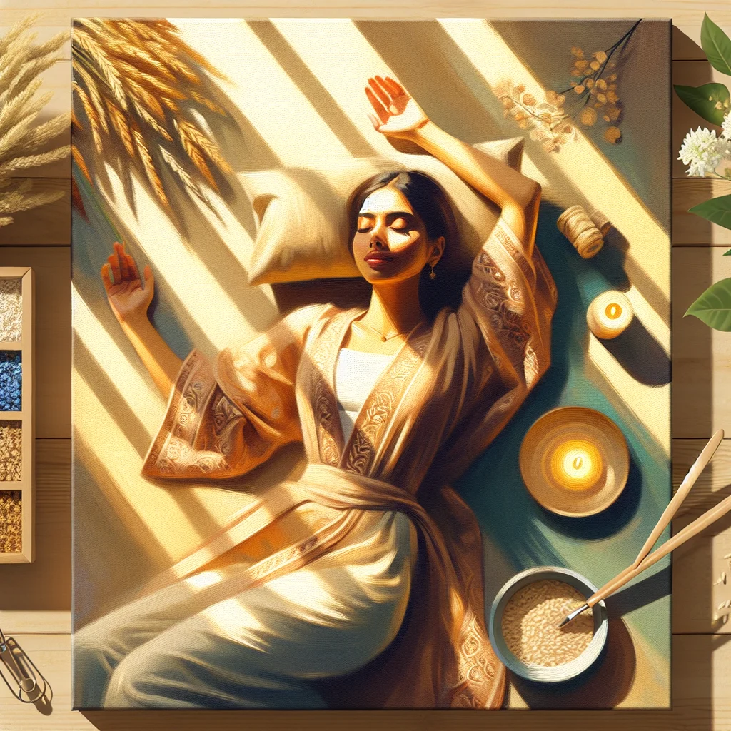 Woman lying comfortably with eyes closed doing body scan meditation to manage chronic pain symptoms