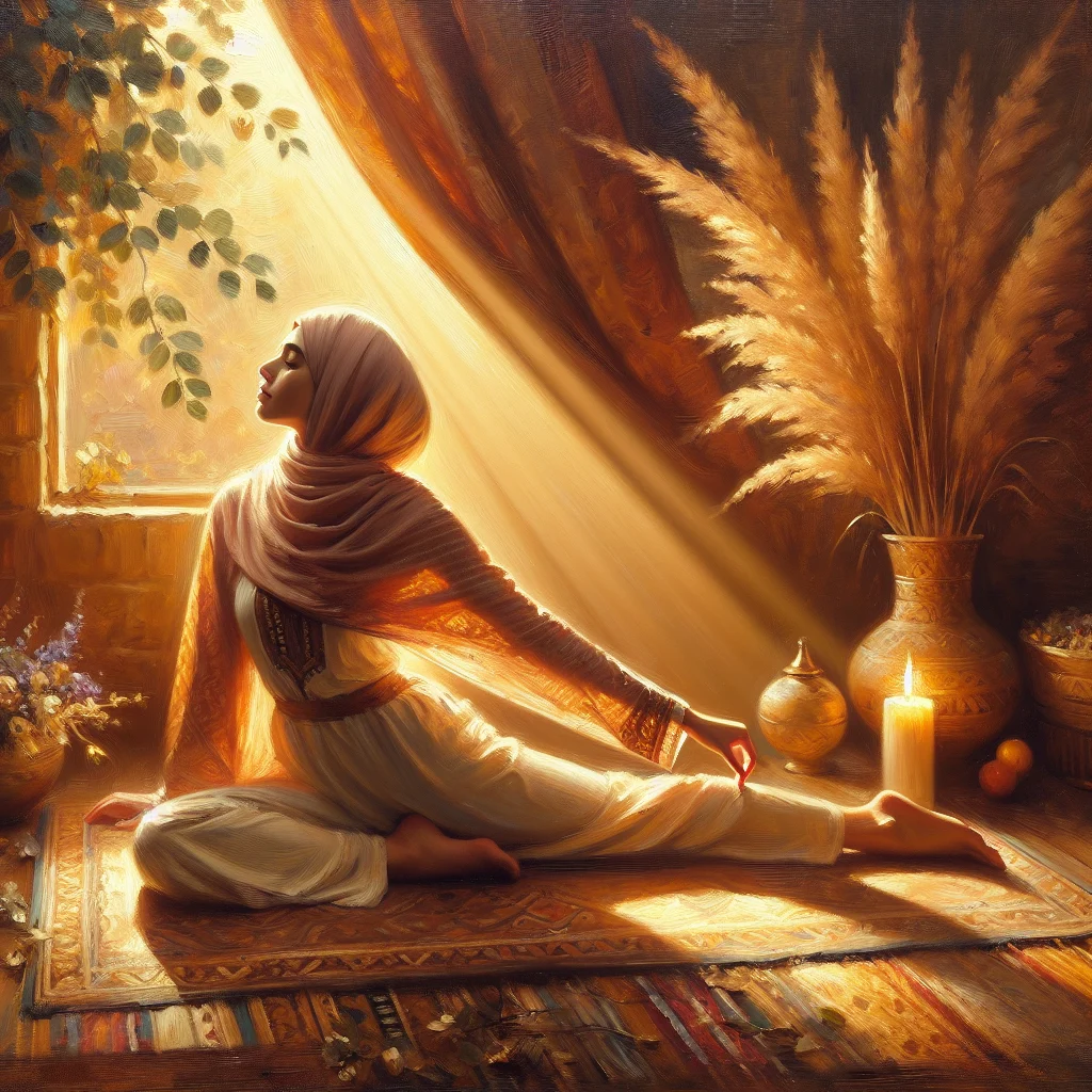 Woman practicing gentle evening stretching for stress relief in a calm bedroom setting