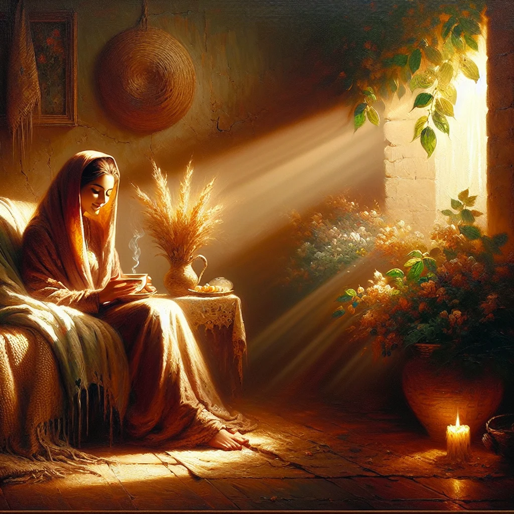 Woman peacefully drinking herbal tea for cortisol balance while sitting in a cozy environment