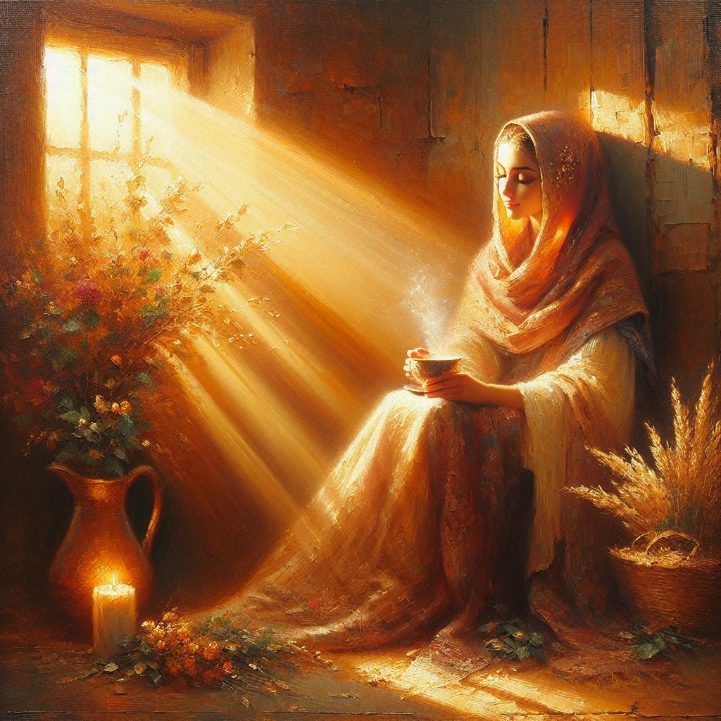 woman-drinking-herbal-tea-meditation Woman peacefully drinking herbal tea while practicing meditation for hot flash relief