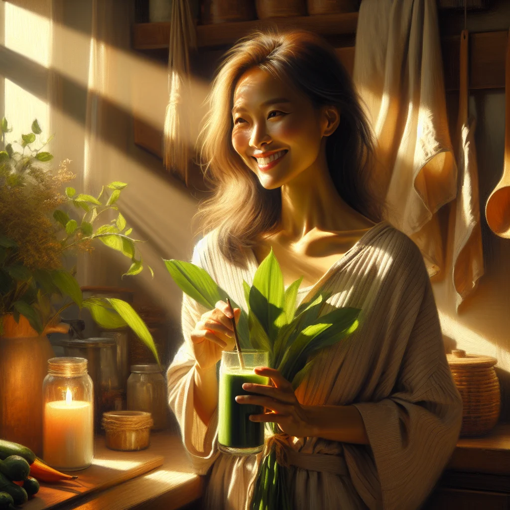 woman-drinking-maca-smoothie-kitchen Smiling middle-aged woman drinking healthy maca root smoothie in bright kitchen demonstrating natural perimenopause energy support
