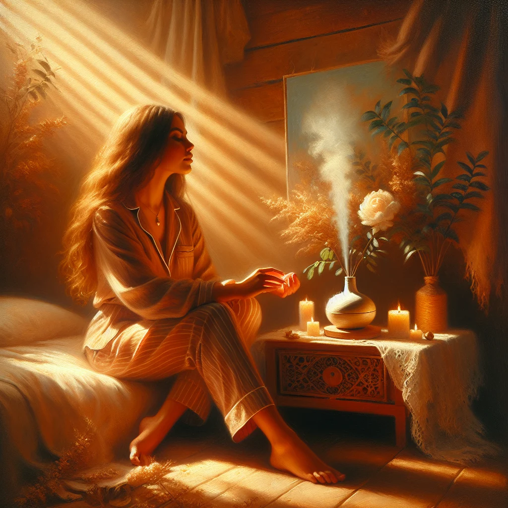 Woman relaxing in a cozy bedroom with an aromatherapy diffuser releasing calming evening scents
