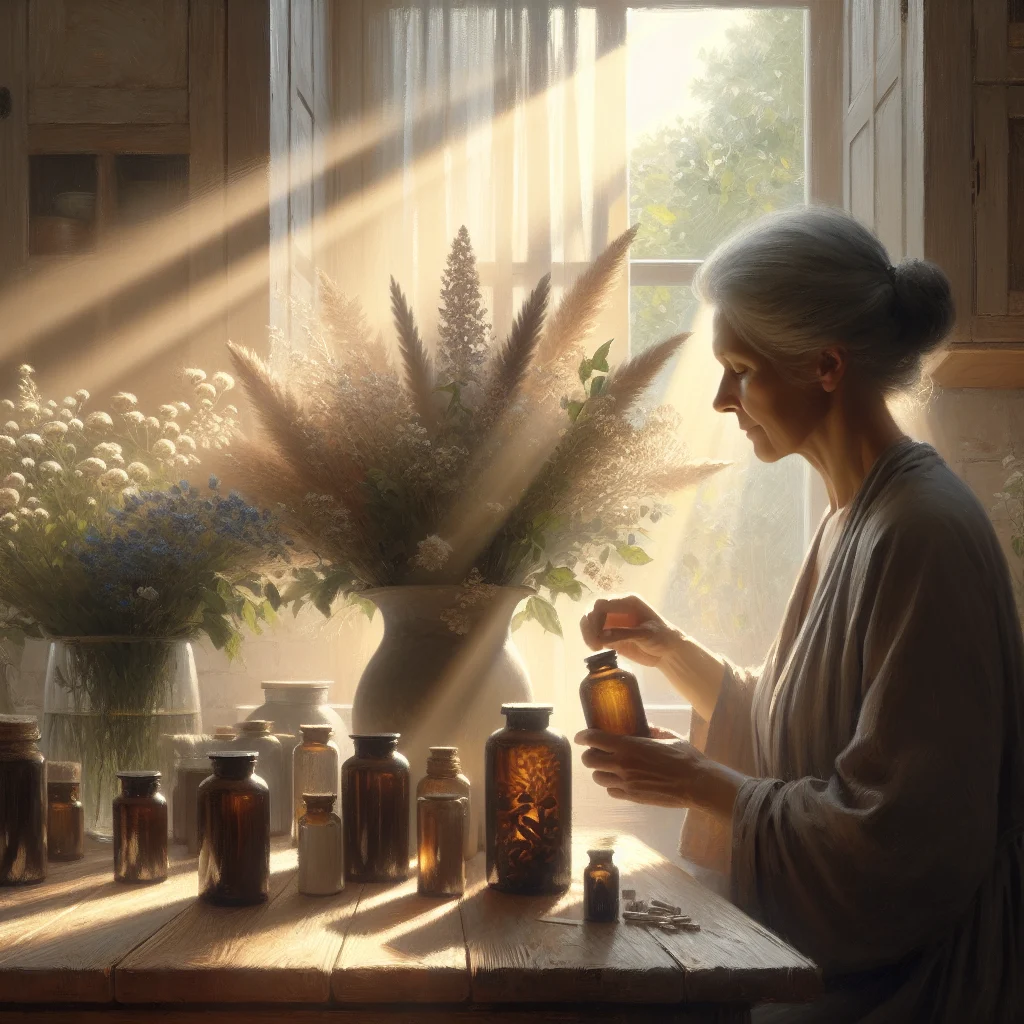 Woman in her 50s reviewing various vitamin bottles and supplements for menopause fatigue on a kitchen counter